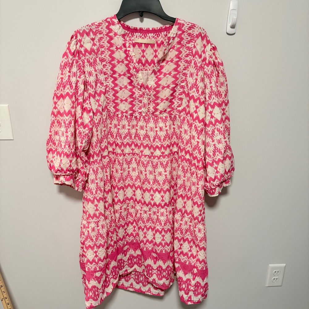 Lola Australia Boho Ikat Tunic Dress Women Pink size XL Cotton Gold Metallic